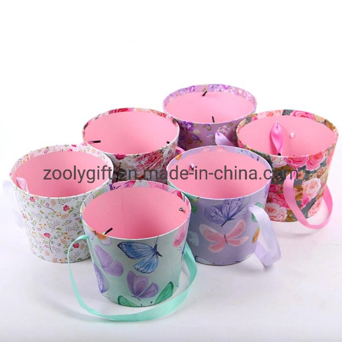 Factory Custom Rigid Cardboard Flower Box Rose Box Round Wedding Paper Flower Gift Packaging Box with Ribbon Handle Flower Basket